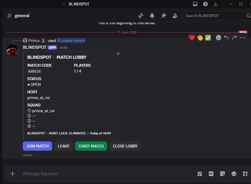 BLINDSPOT Discord lobby showing match code A2D113, player count, host controls