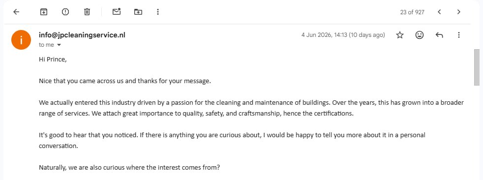 Reply from JP Cleaningservice