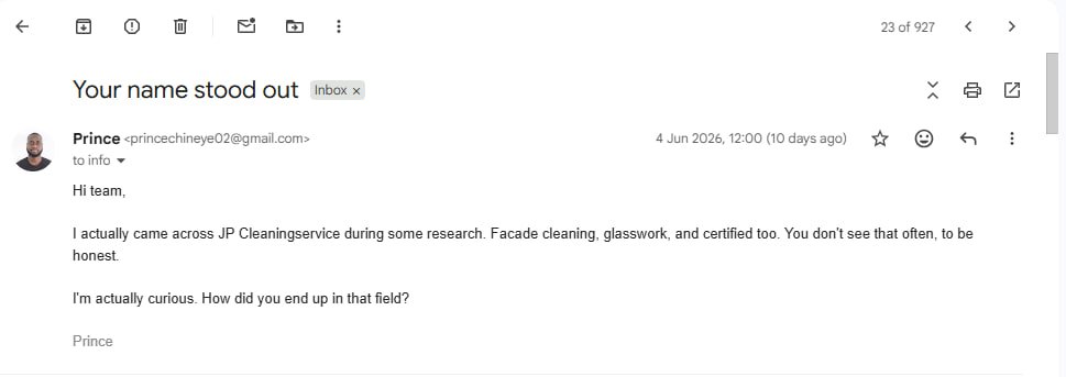 Cold email sent to JP Cleaningservice