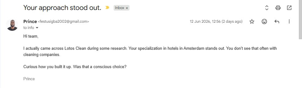 Cold email sent to Lotos Clean